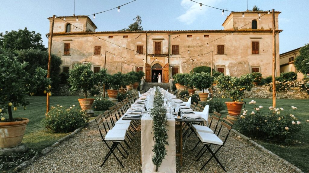 Wedding Reception with tables in the gardens of Villa Medicea di Lilliano