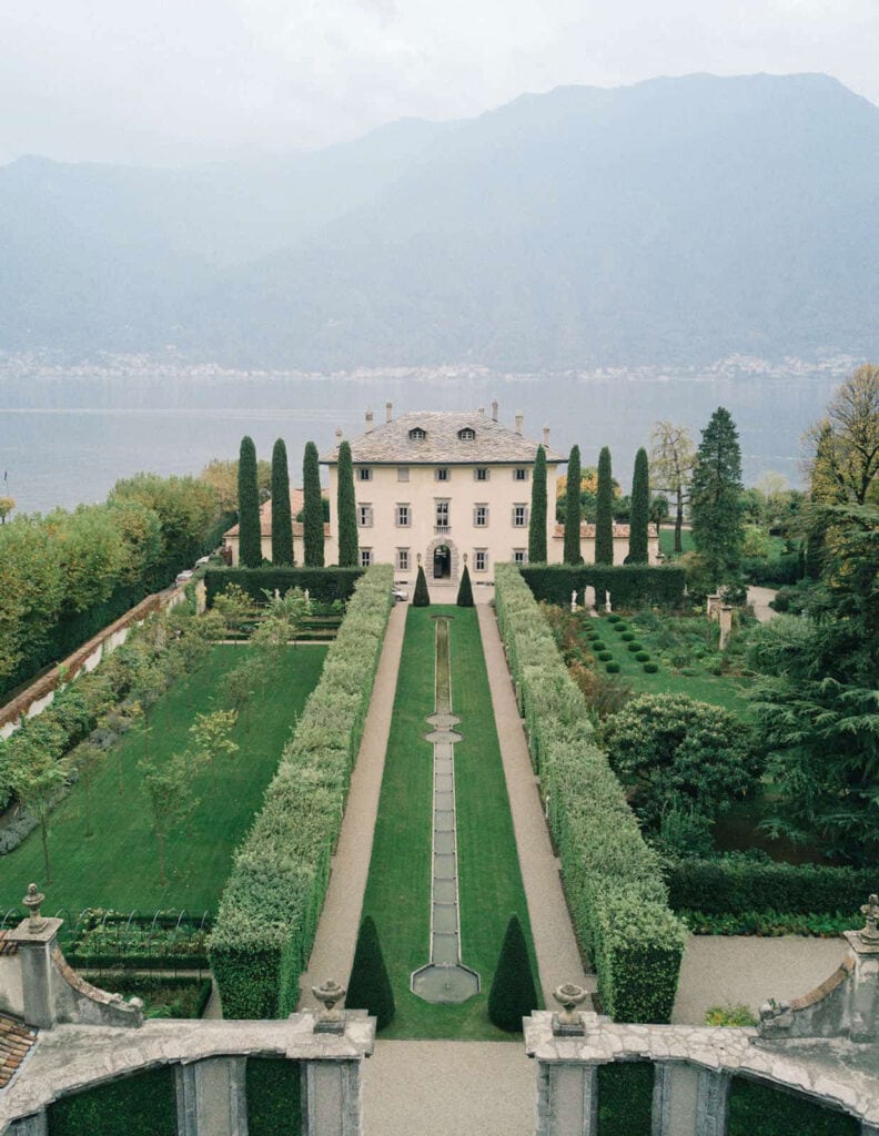 Aereal view of the gardens and fountains of Villa Balbiano - Lake Como Wedding Venues