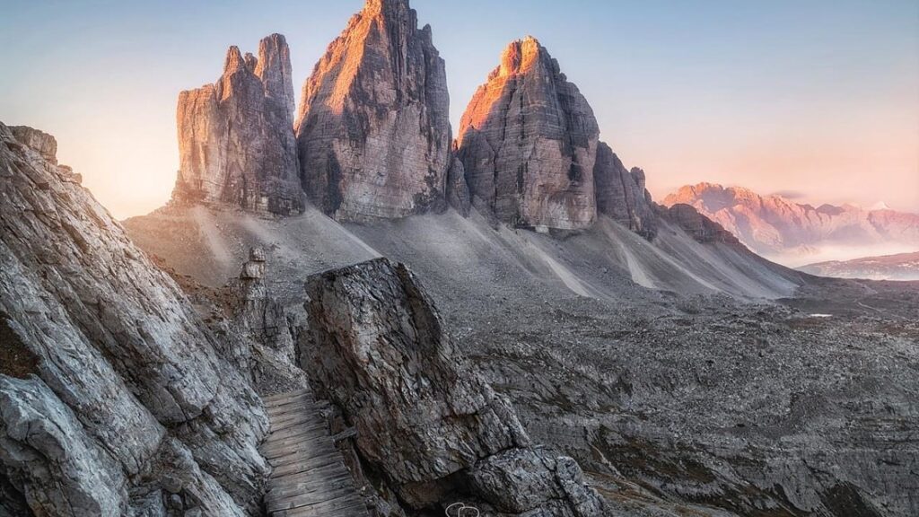 View of Three Peaks of Lavaredo at dawn in the Dolomites Elopement