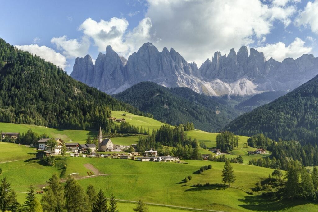 View of Val di Funes at summer in a sunny day with beautiful landscapes - Dolomites Elopement location