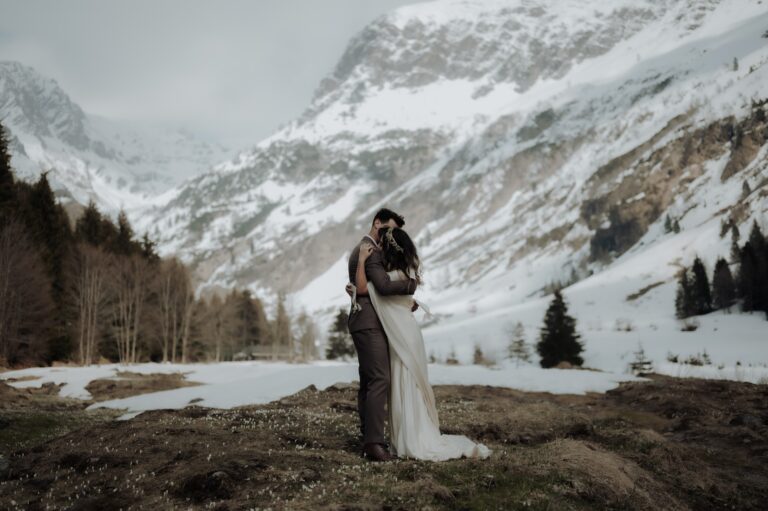 Bride and Groom hugging during their Alps Mountain Wedding in Italy