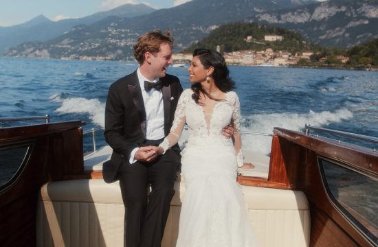 Bride and groom enjoying a boat tour in Lake Como during Villa del Balbianello Wedding