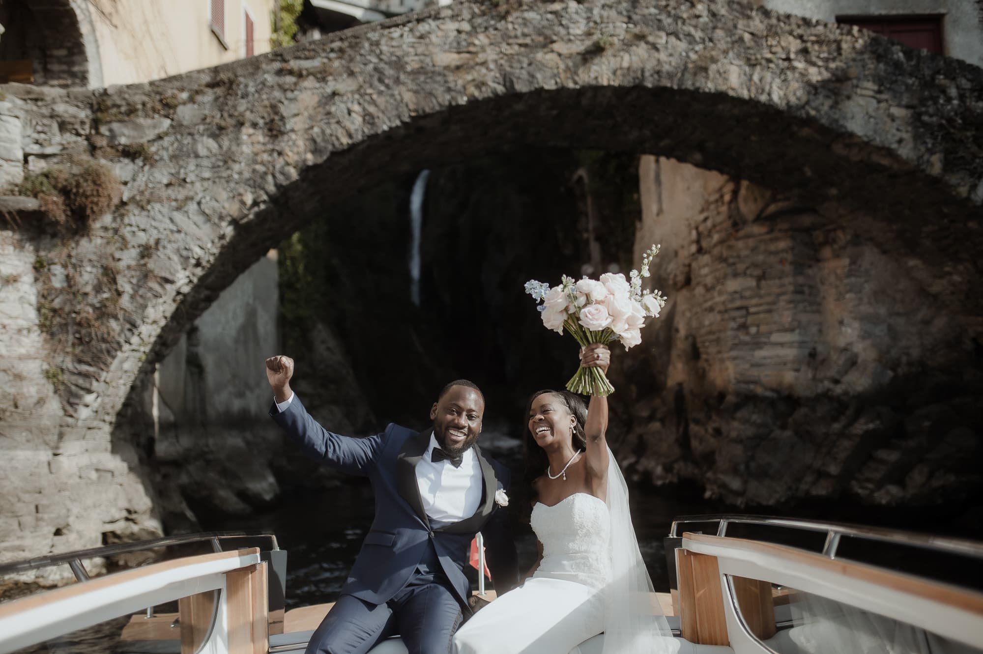 Bride and groom in front of Orrido di Nesso for their Lake Como Elopement